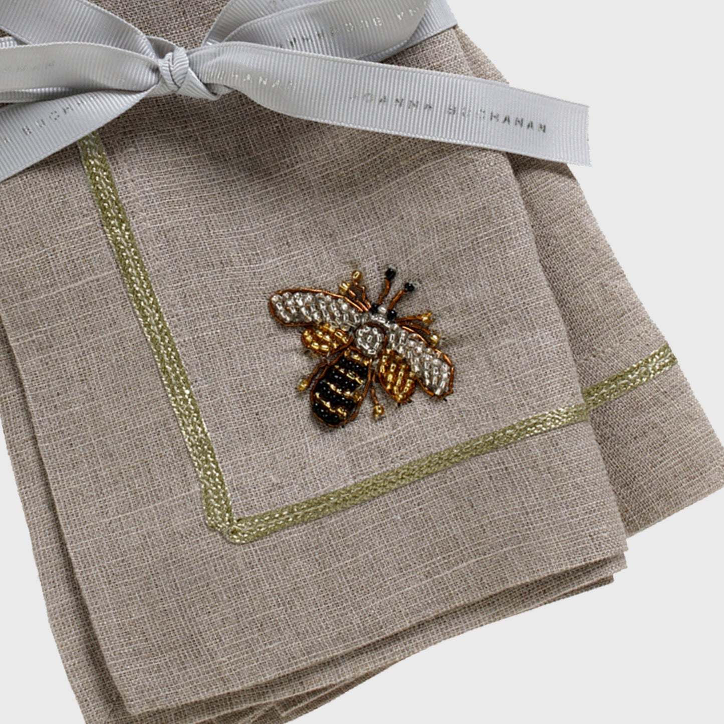 Stripey Bee Linen Dinner Napkins, Flax, Set of Two