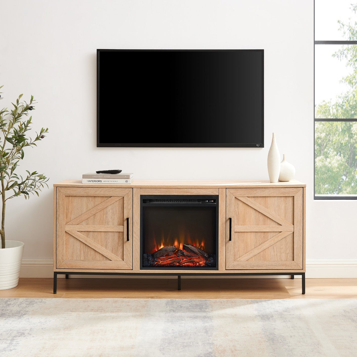 Modern Farmhouse Barn Door Fireplace TV Stand for TVs up to 65”