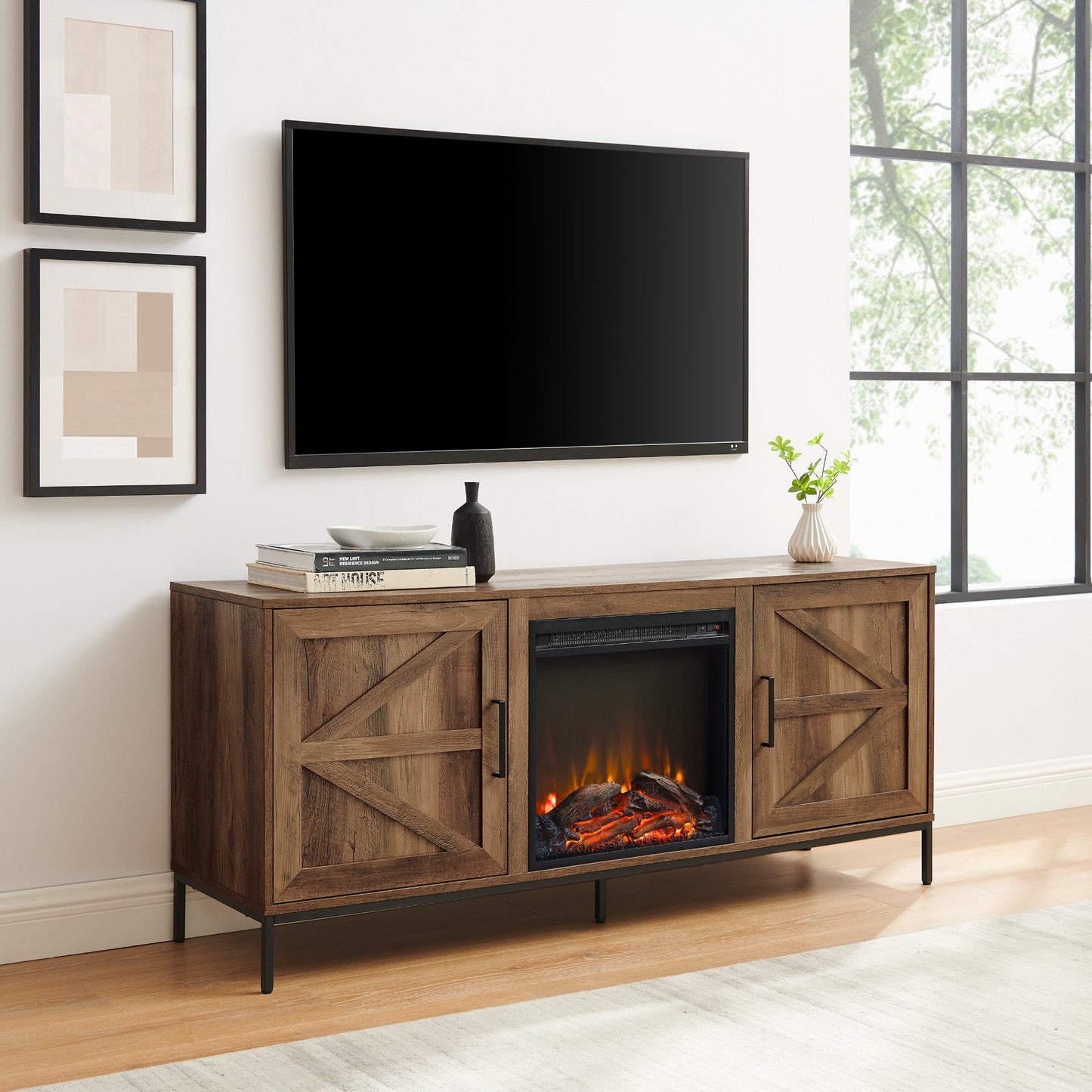 Modern Farmhouse Barn Door Fireplace TV Stand for TVs up to 65”