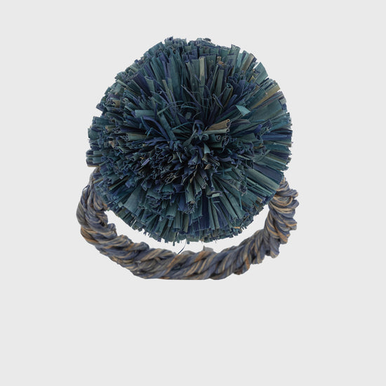 Straw Pompom Napkin Rings, Indigo, Set of Four