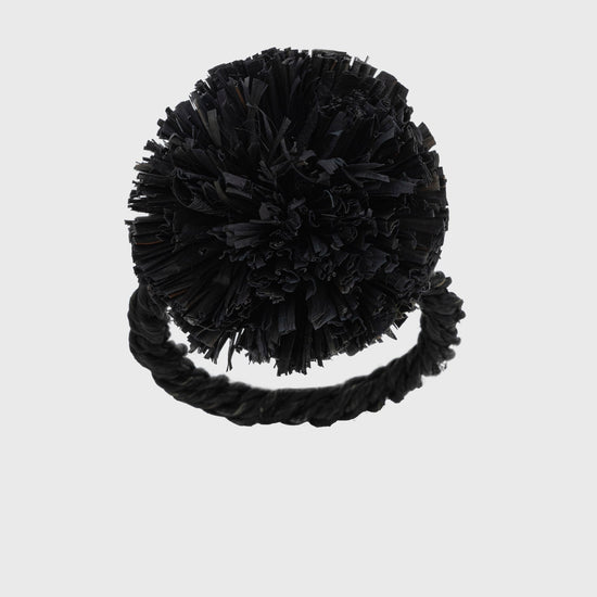 Straw Pompom Napkin Rings, Black, Set of Four