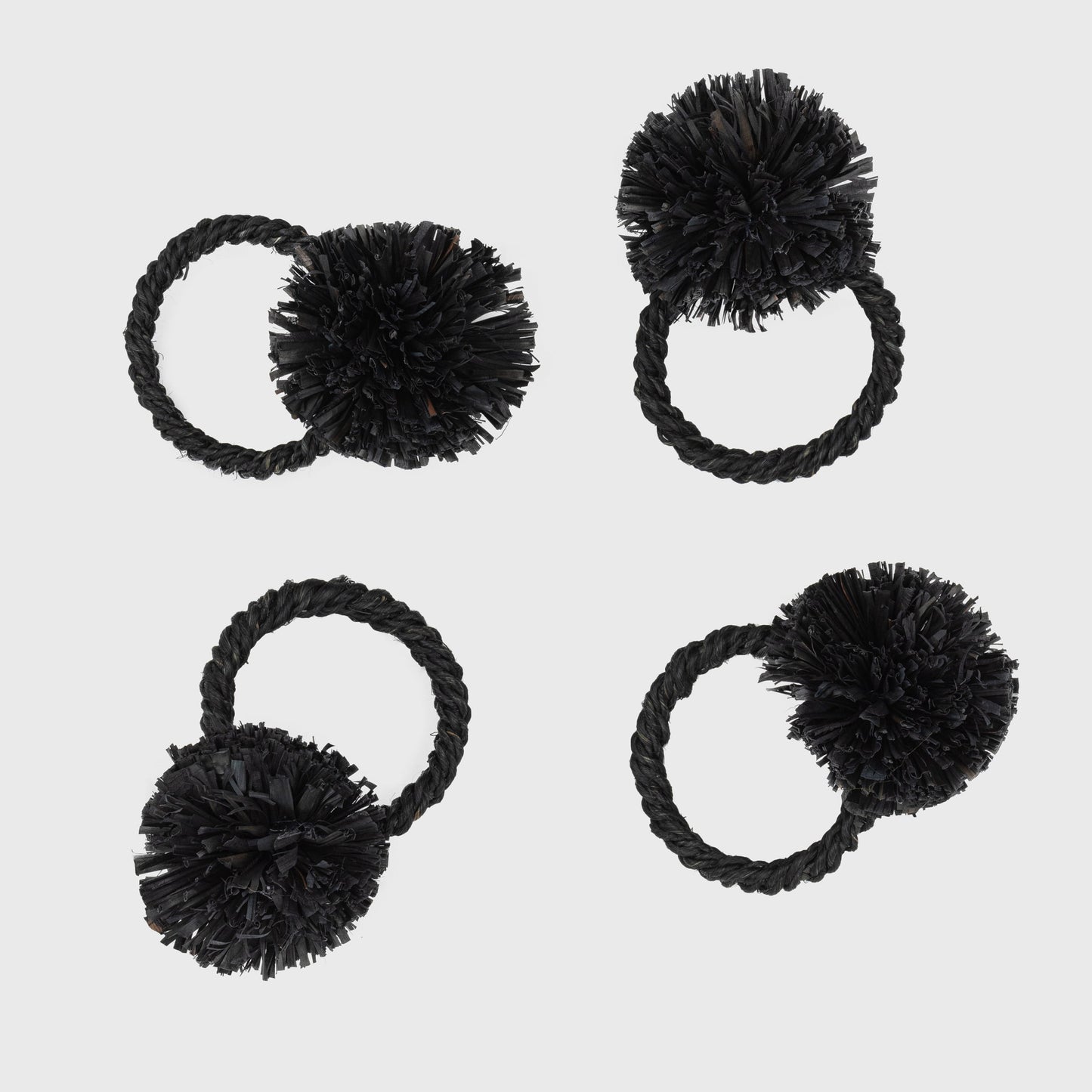 Straw Pompom Napkin Rings, Black, Set of Four