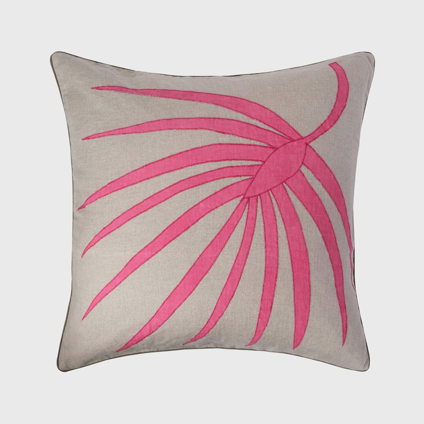 Palm Frond Pillow, Natural Linen with Bright Pink