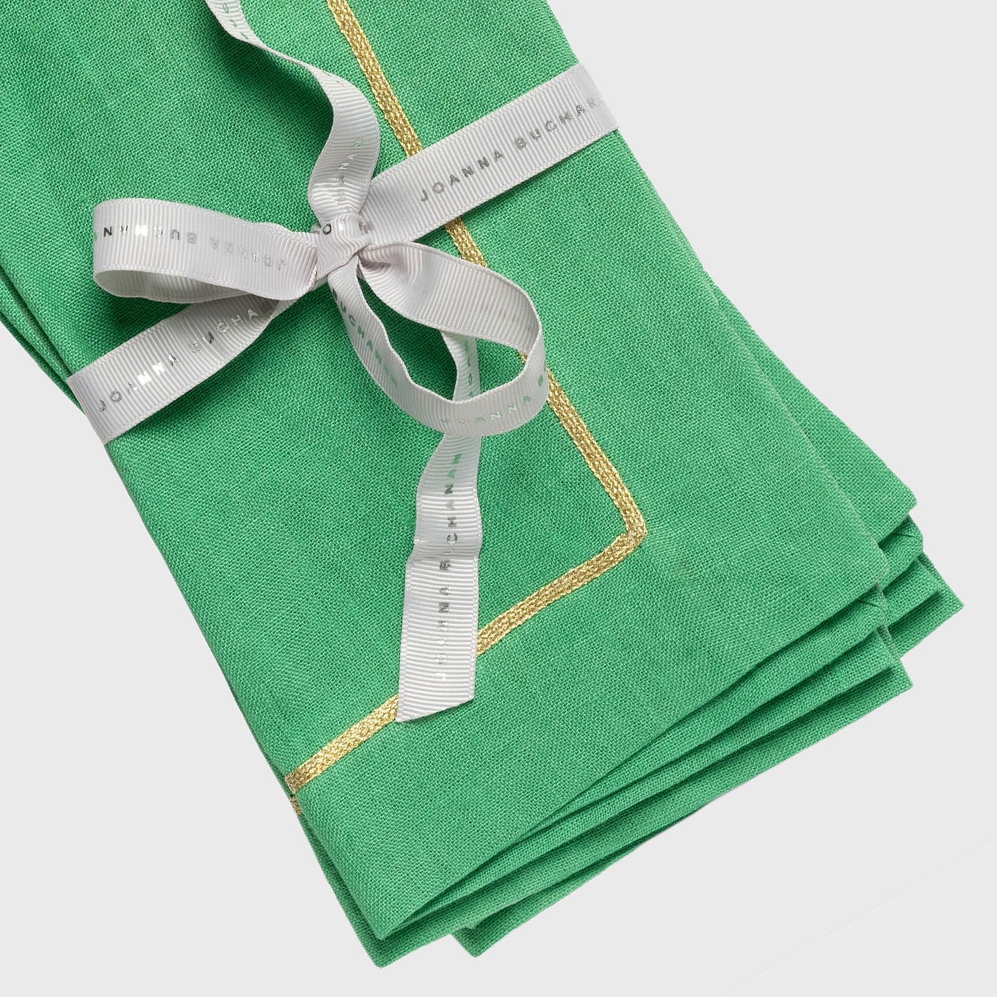 Gold Trim Linen Dinner Napkin, Grass Green, Set of Two