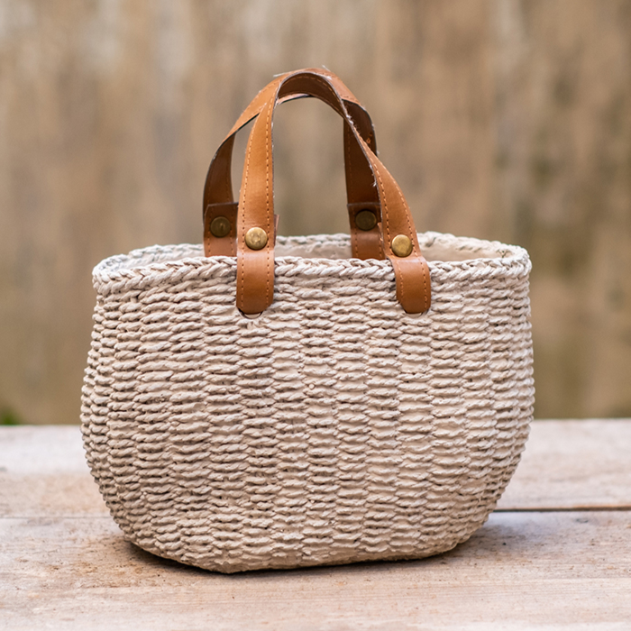 Straw Bag with Faux Leather Handles Cement Planter