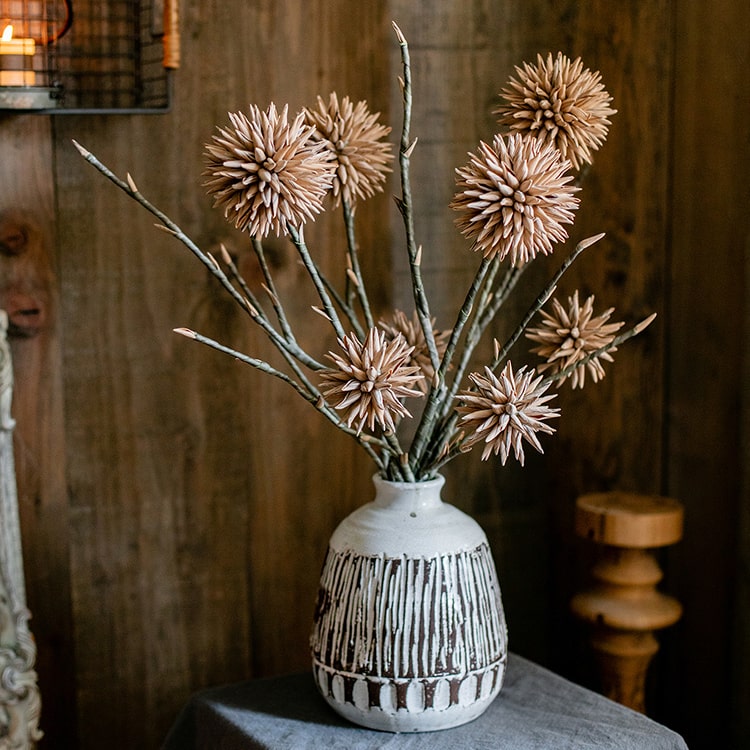 Round Camel Color Ball Flower on Twig Stem 34" Tall