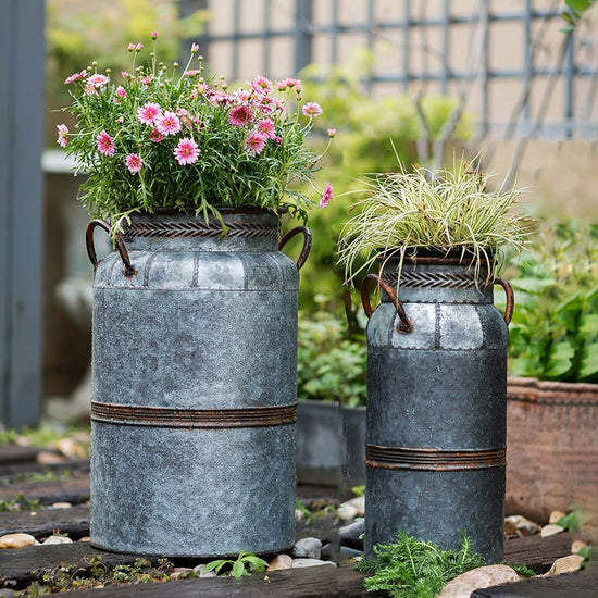 Restoration Flower Pot Gray Brown Round Metal