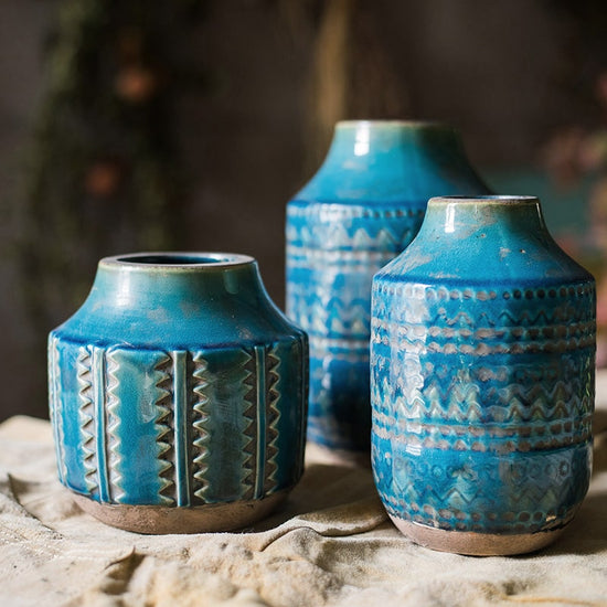 Textured Geometry Pattern Ceramic Vase in Deep Blue