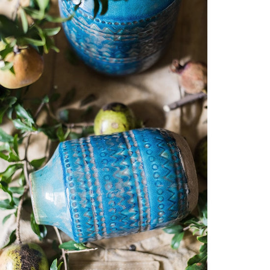 Textured Geometry Pattern Ceramic Vase in Deep Blue