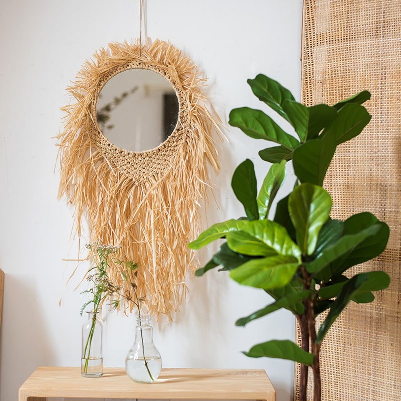 Handcraft Grass Hanging Round Mirror