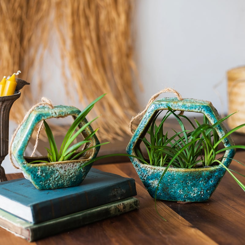 Green Coarse Ceramic Wall Hanging Planter Hexagon