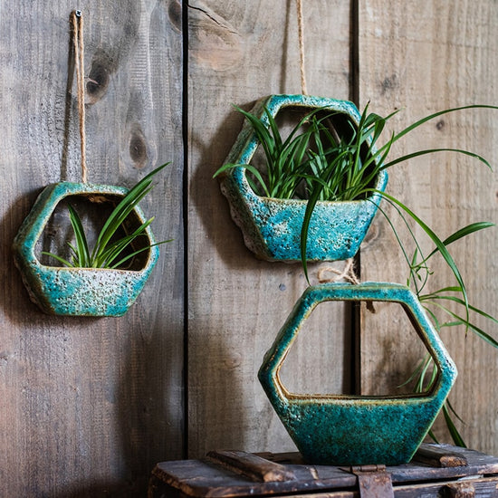 Green Coarse Ceramic Wall Hanging Planter Hexagon