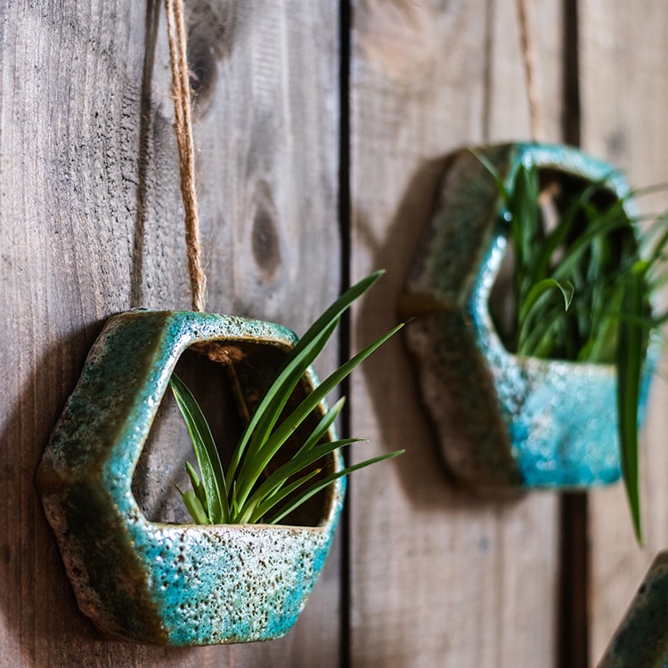 Green Coarse Ceramic Wall Hanging Planter Hexagon