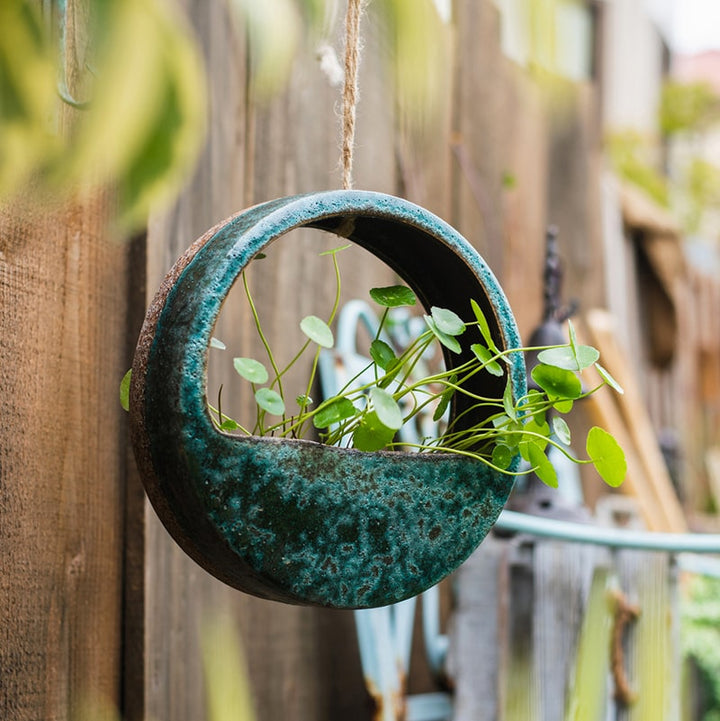 Green Coarse Ceramic Wall Hanging Planter Half Round