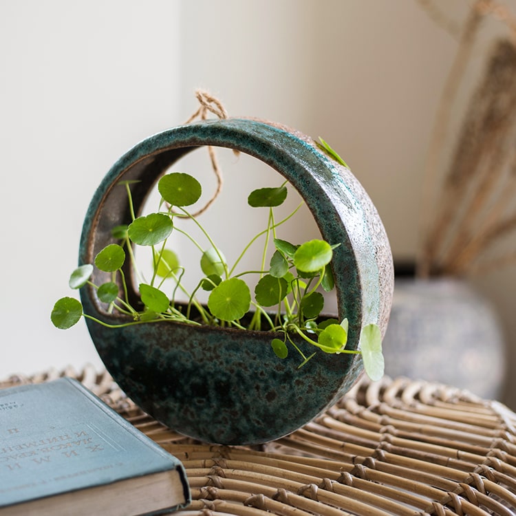 Green Coarse Ceramic Wall Hanging Planter Half Round