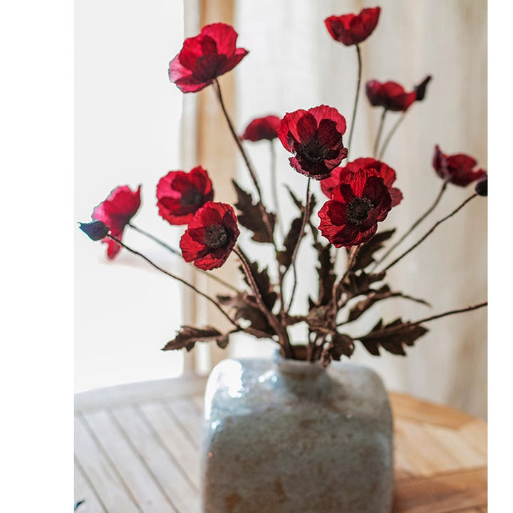 Rustic Poppy Flower Stem in Dark Red 23" Tall