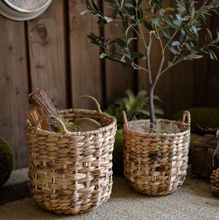 Natural Straw Round Basket with Handles