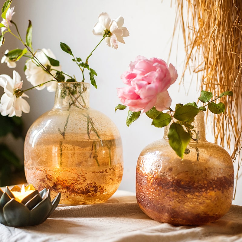 Hand Blown Bubble Glass Bud Vase Amber