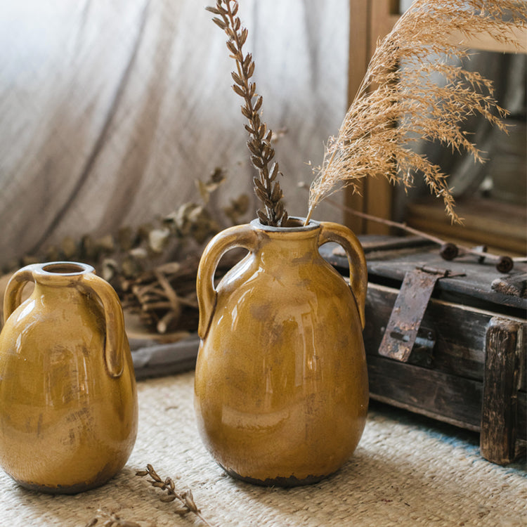 Yellow Glazed Ceramic Vase with Handles