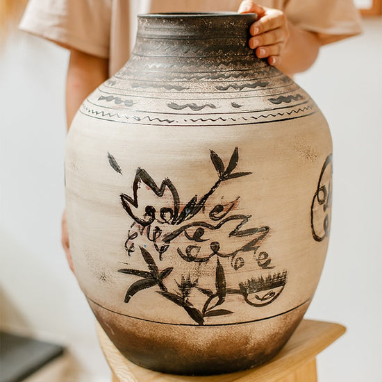 Giant Zen Style Ink Painting Terracotta Floor Pot