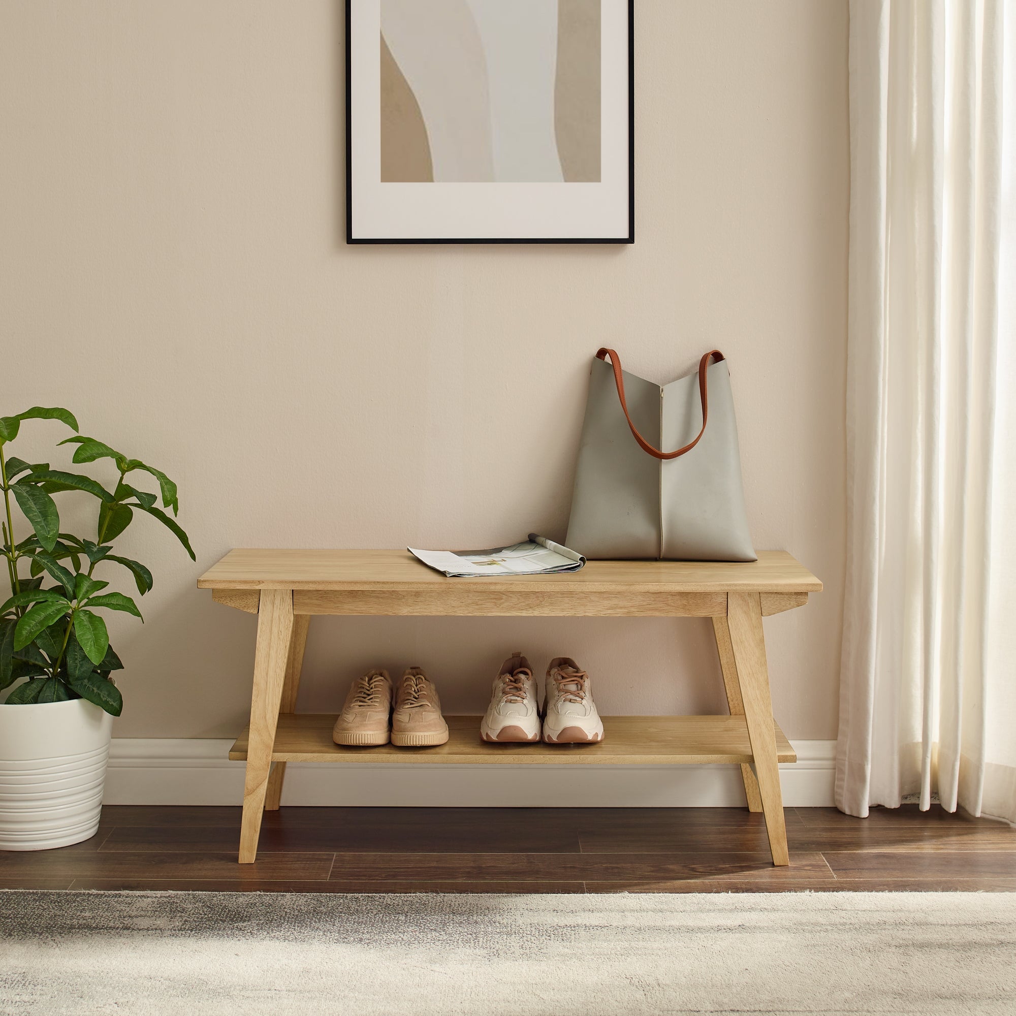 Kochi Minimalist Solid Wood Entry Bench with Lower Storage Shelf