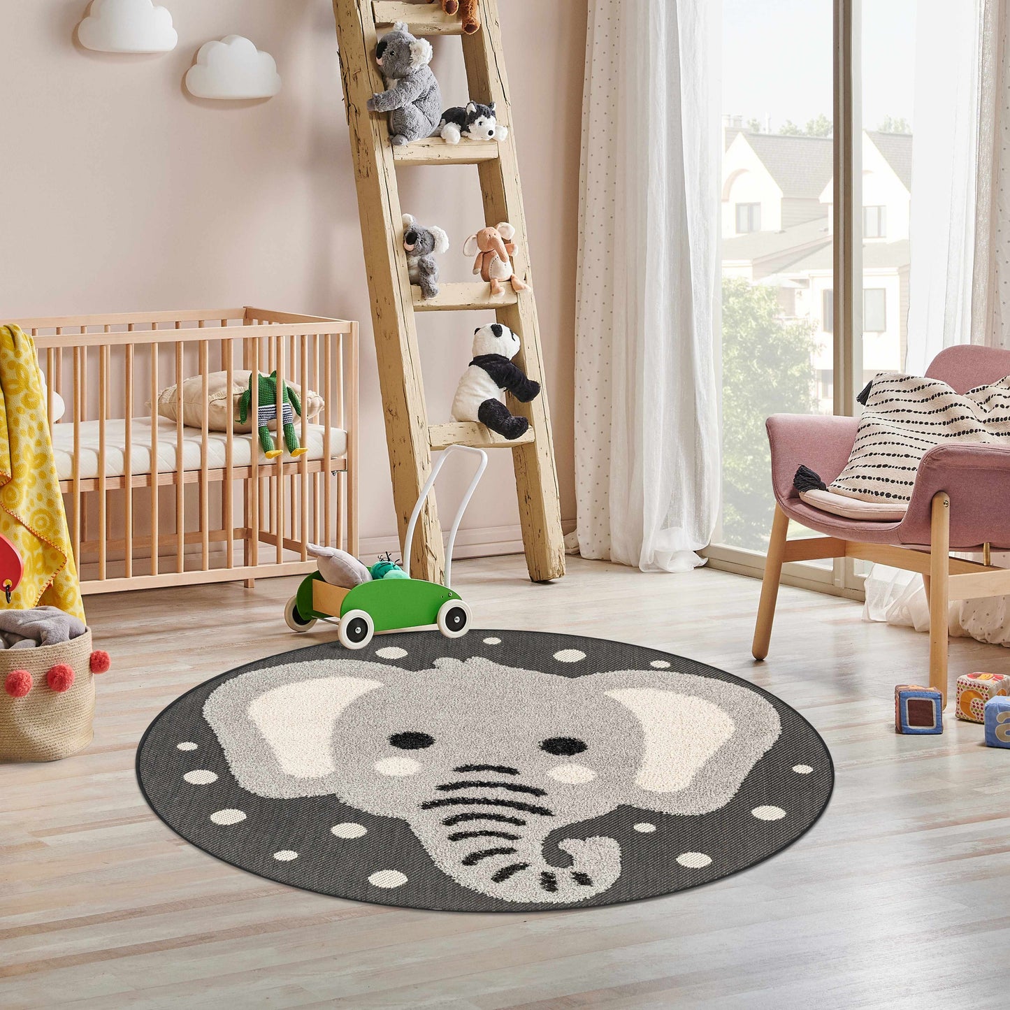 Kids Nursery Round Rug, Elephant Animal Print