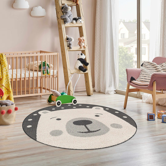 Kids Nursery Round Rug, Bear Animal Print