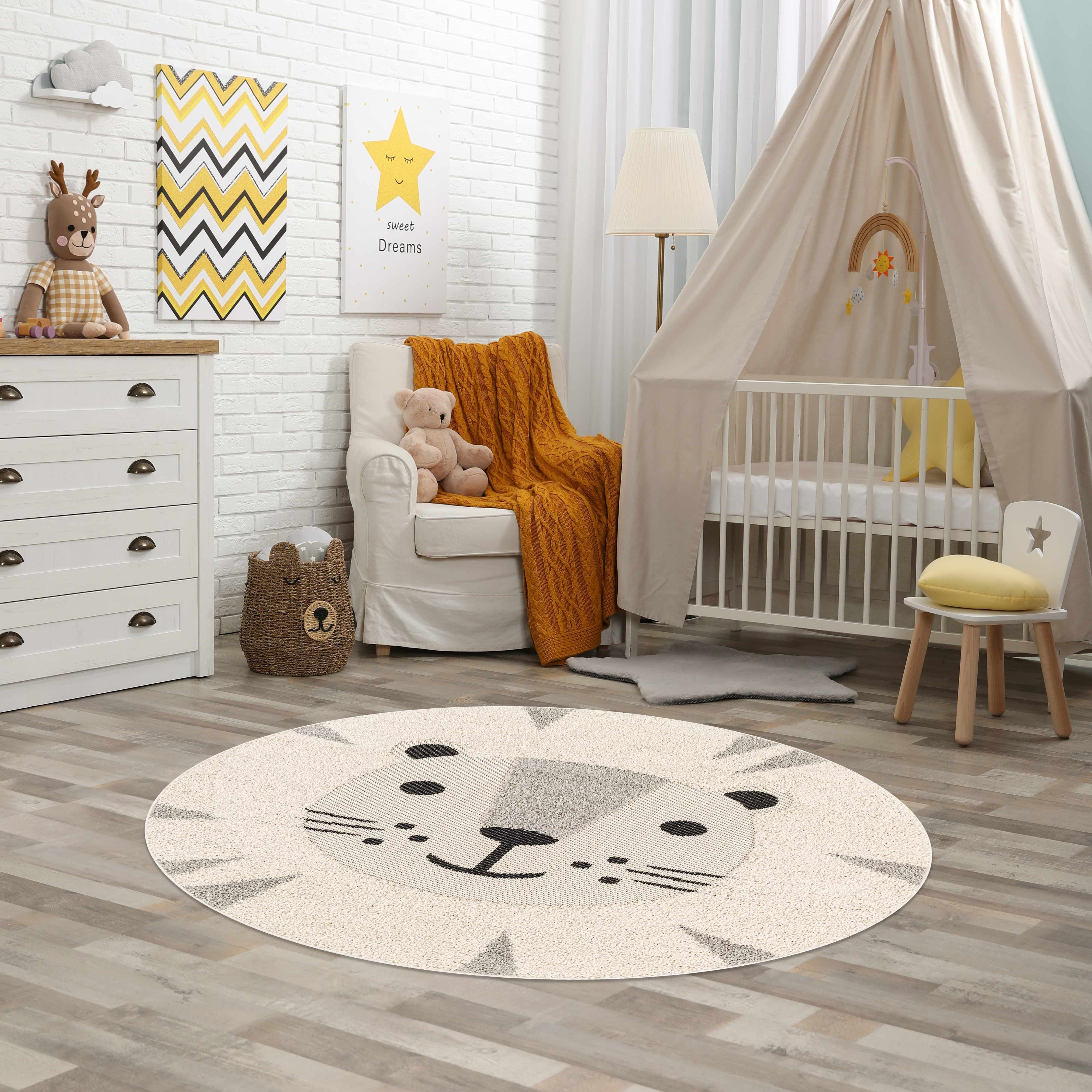 Kids Nursery Round Rug, Lion Animal Print