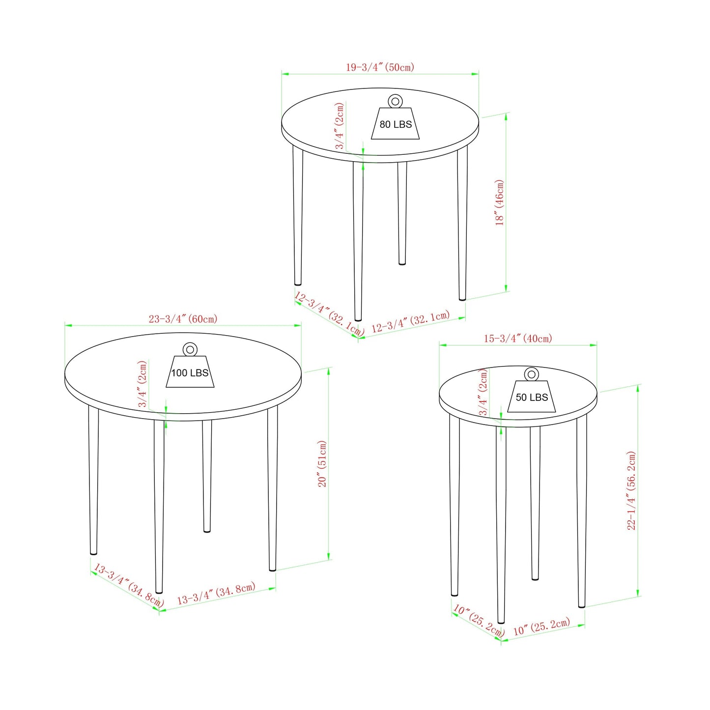 Modern Round Nesting Coffee Tables with Tapered Legs, Set of 3