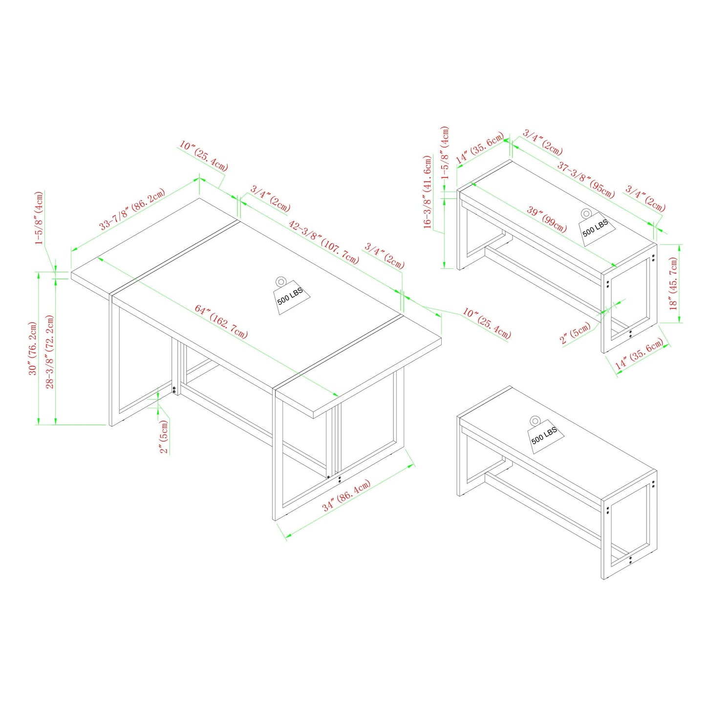 Vance Modern Industrial 3-Piece Metal and Wood Rectangle Dining Set