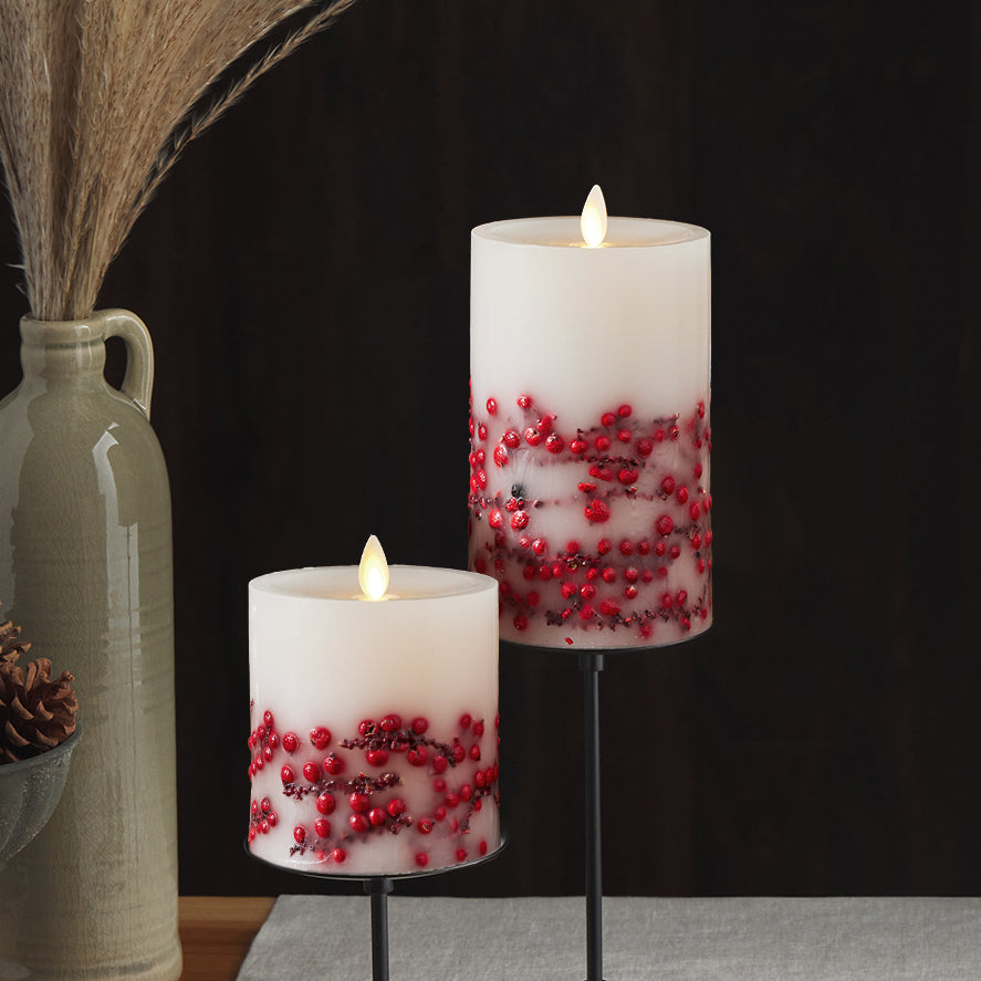 Embedded Red Berries Flameless Candle Pillar