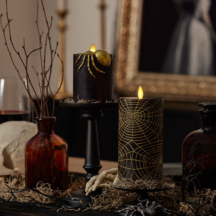 Black and Gold Spider Web Flameless Candle Pillar