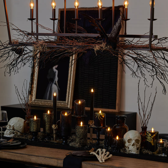 Black and Gold Spider Web Flameless Candle Pillar