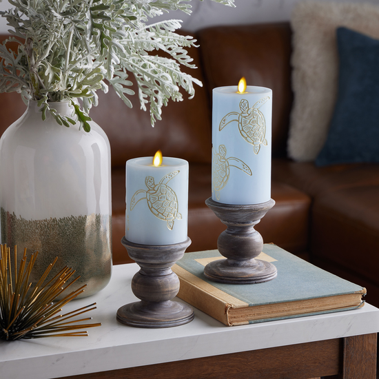 Coastal Blue Flameless Sea Turtle Candle Pillar - Recessed Top