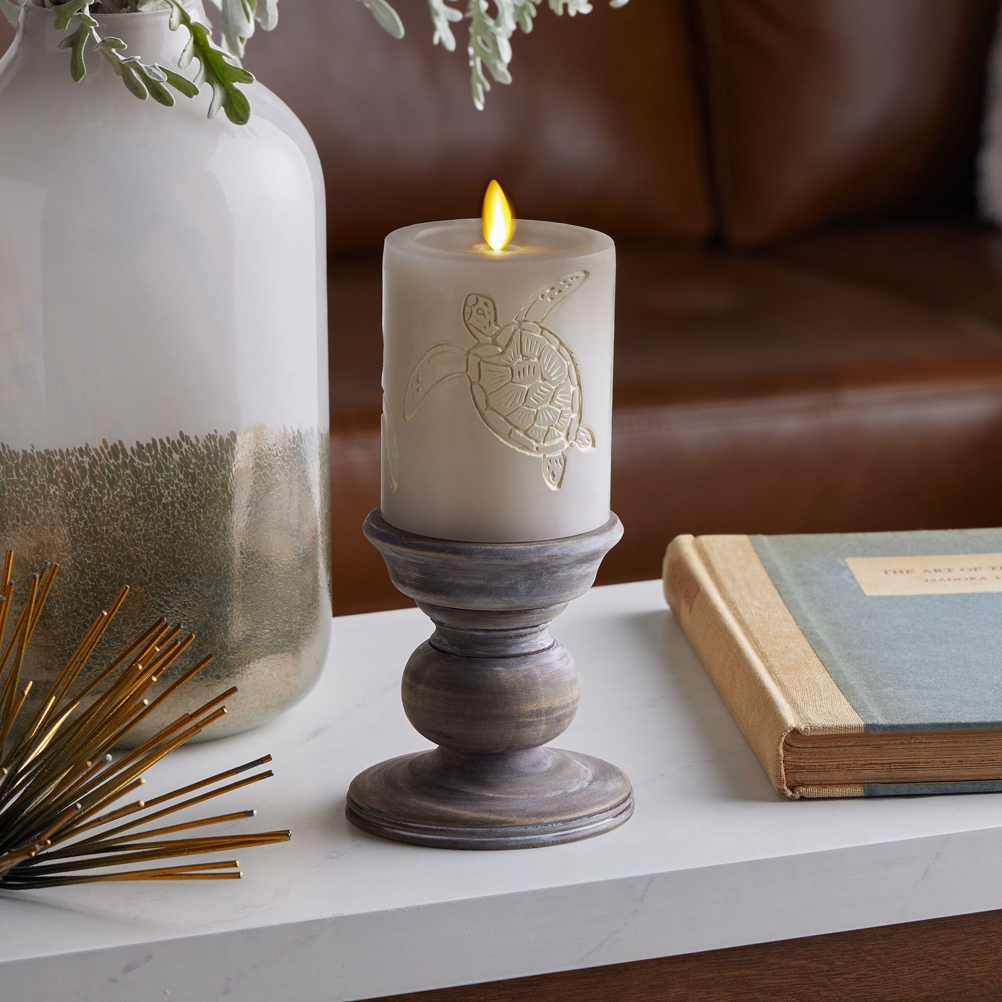 Sandy Grey Flameless  Sea Turtle Candle Pillar - Recessed Top