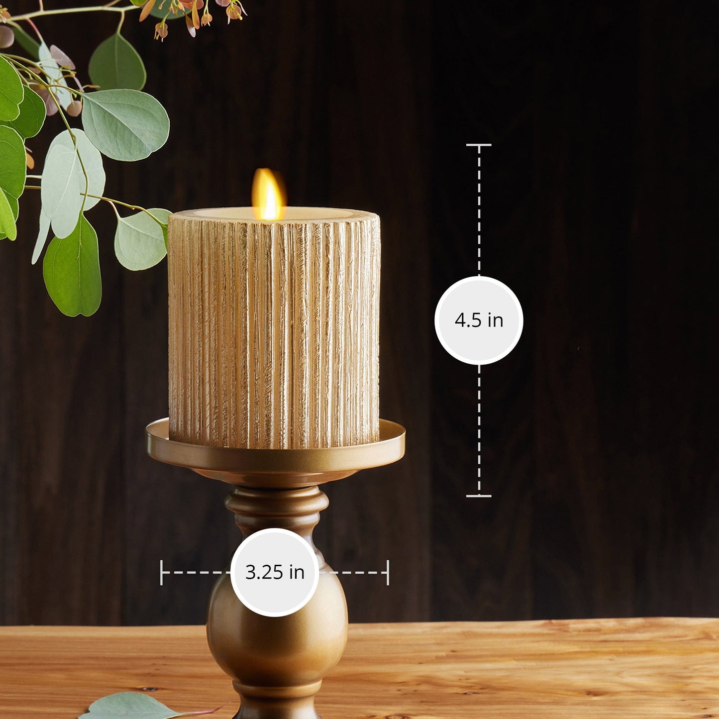 Ribbed Metallic Champagne Flameless Candle Pillar