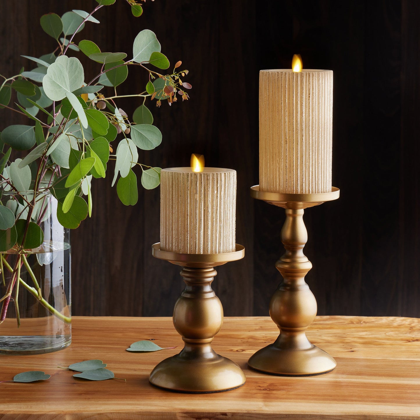 Ribbed Metallic Champagne Flameless Candle Pillar