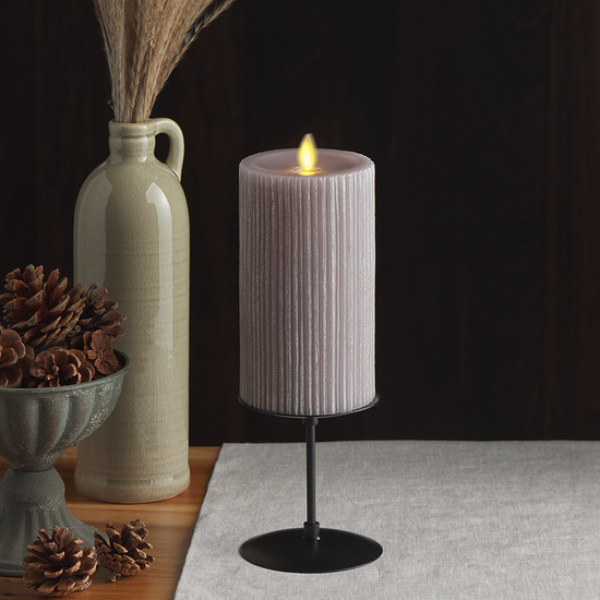 Ribbed Metallic Grey Flameless Candle Pillar