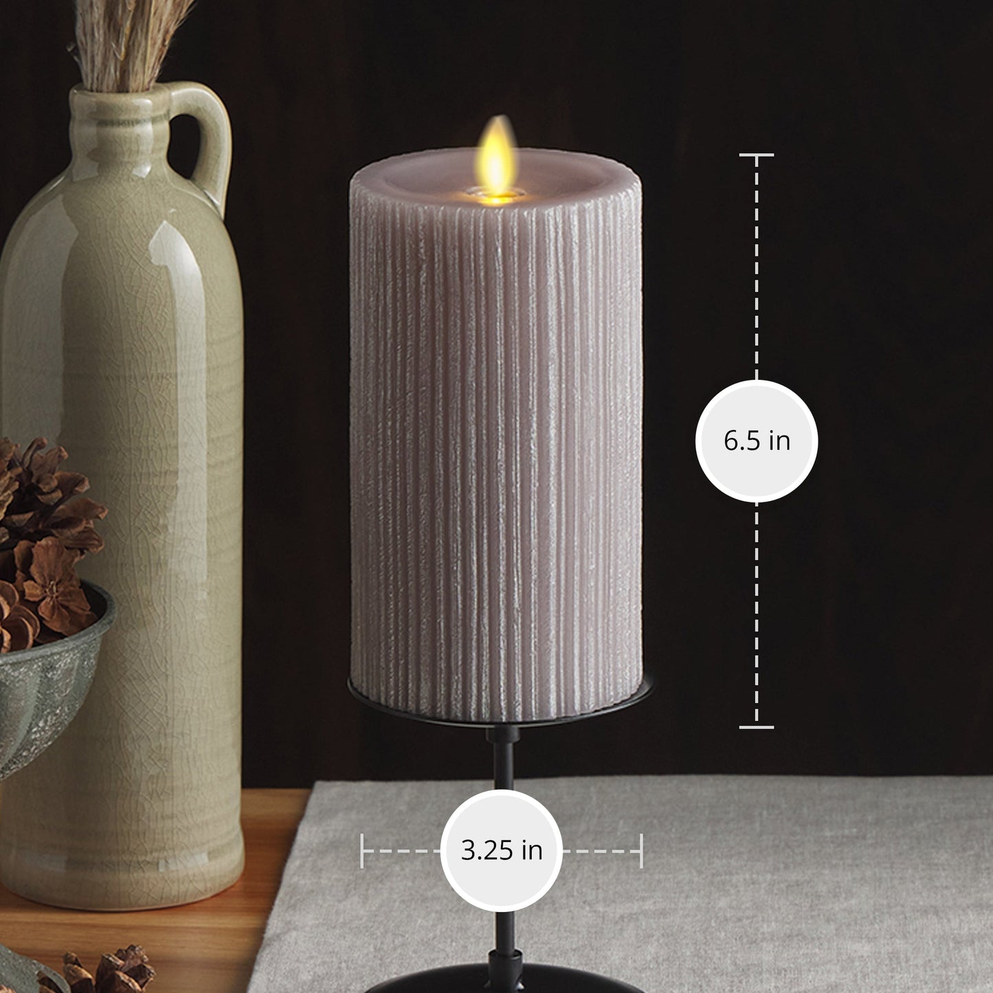 Ribbed Metallic Grey Flameless Candle Pillar