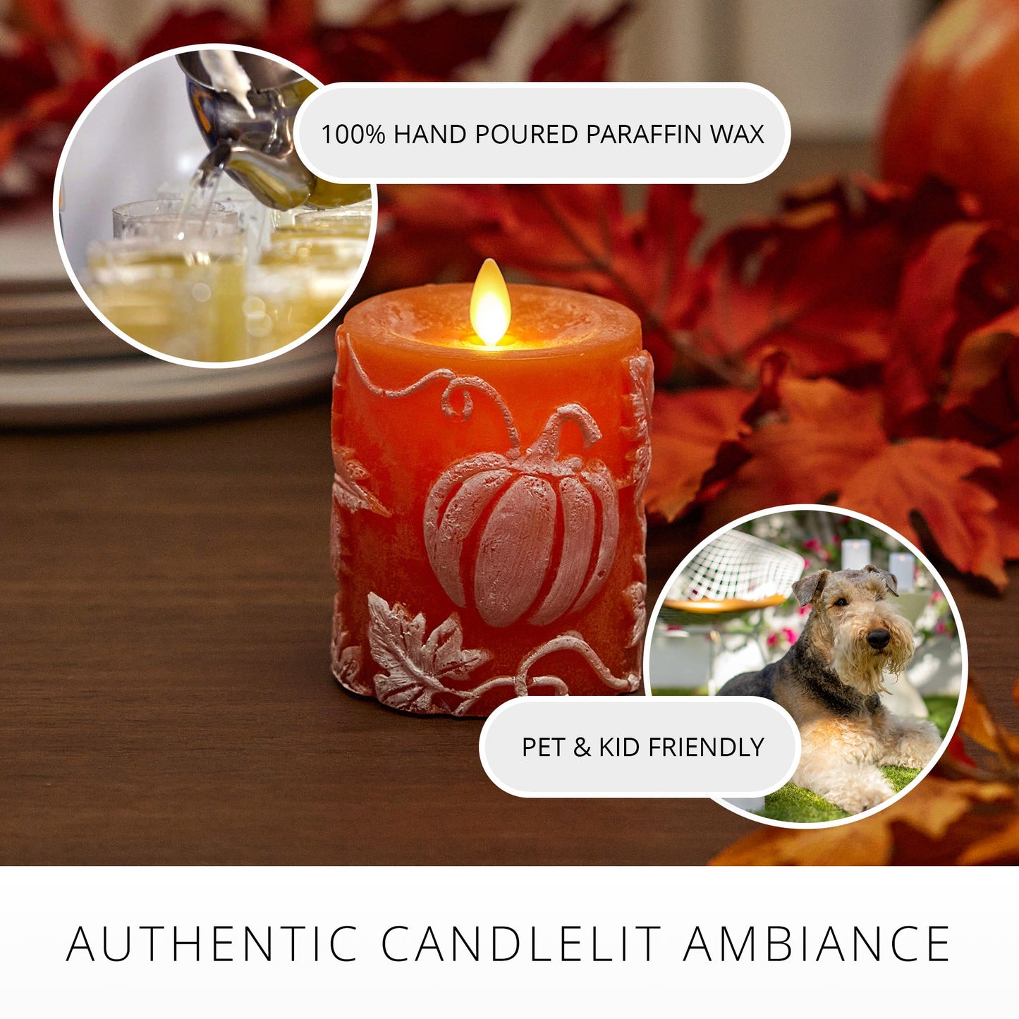 Harvest Pumpkin Embossed Leaves & Pumpkins Flameless Candle Pillar