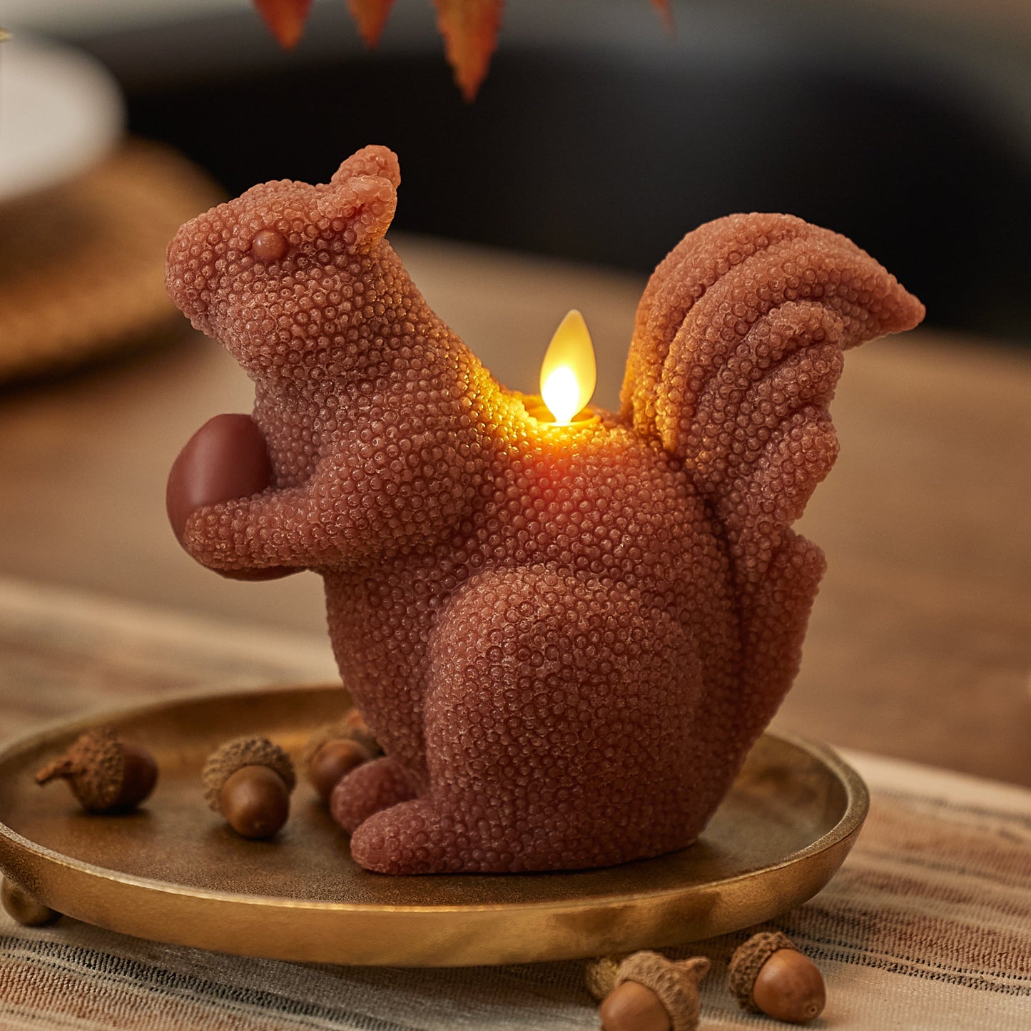 Studded Chestnut Brown Flameless Candle Squirrel