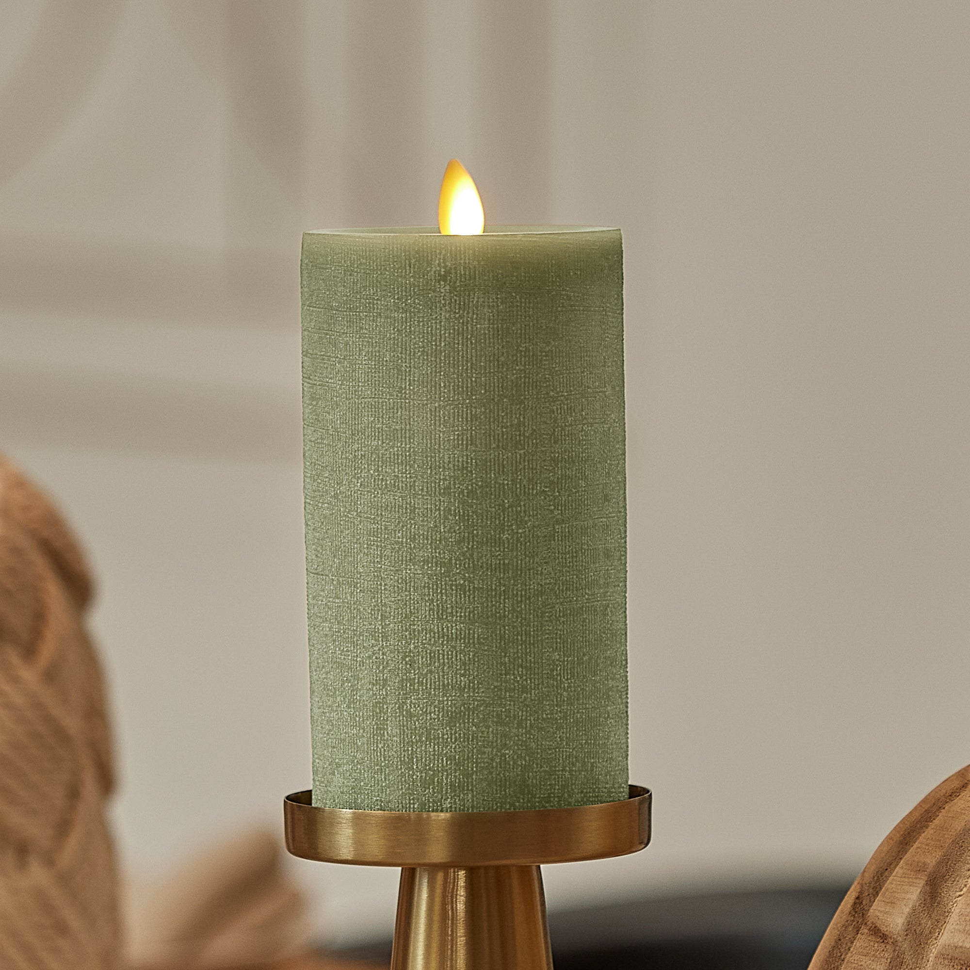 Loden Green Chalky Linen Flameless Candle Pillar