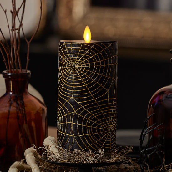 Black and Gold Spider Web Flameless Candle Pillar