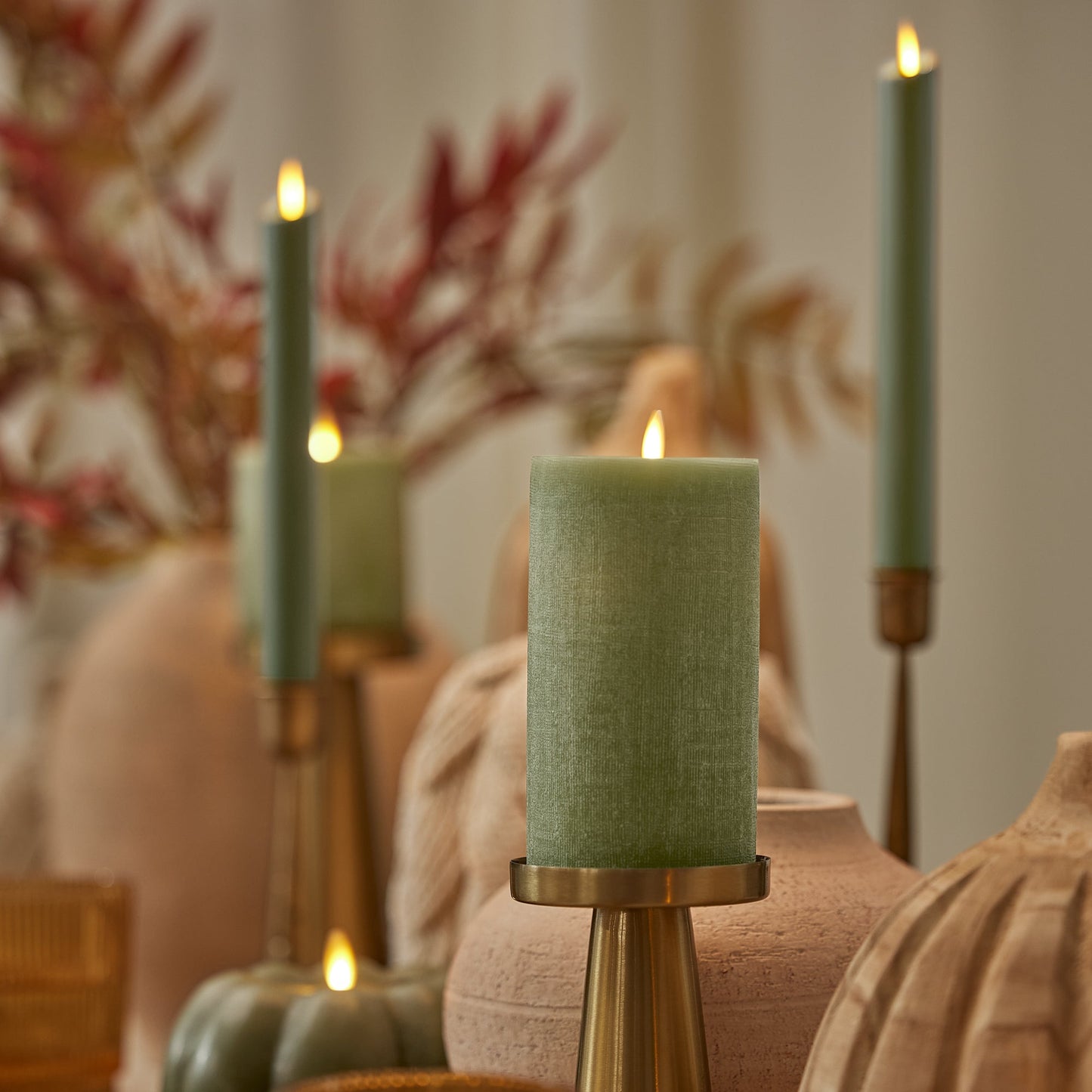 Loden Green Chalky Linen Flameless Candle Pillar