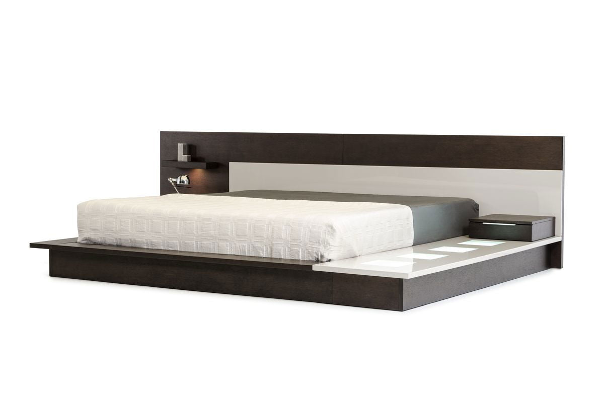 California King Modrest Torino Contemporary Brown Oak & Grey Platform Bed w/ Lights - Mac & Mabel