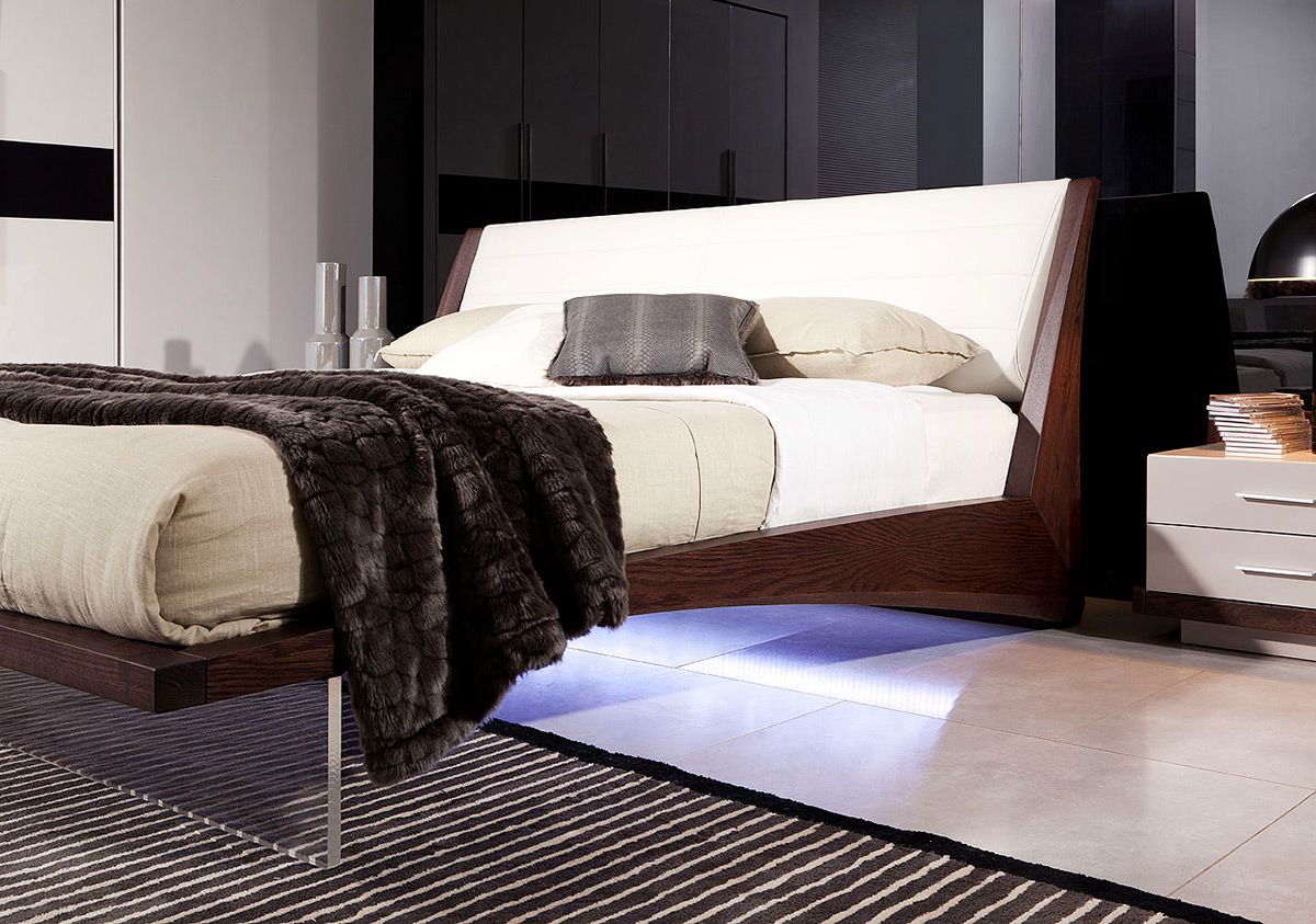 Eastern King Volterra Contemporary Brown Oak and White Floating Bed w/ Lights - Mac & Mabel