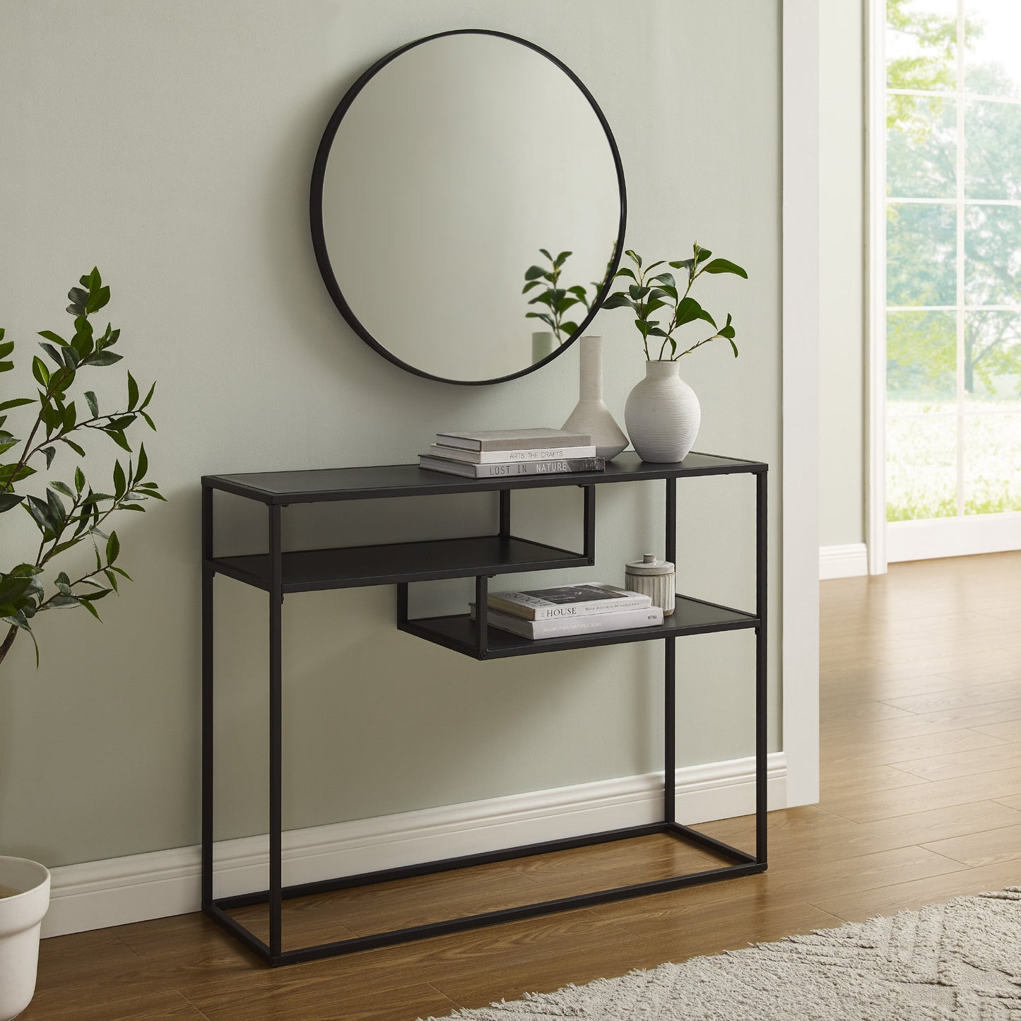 Maya 42" Metal and Wood Tiered Shelf Entry Table