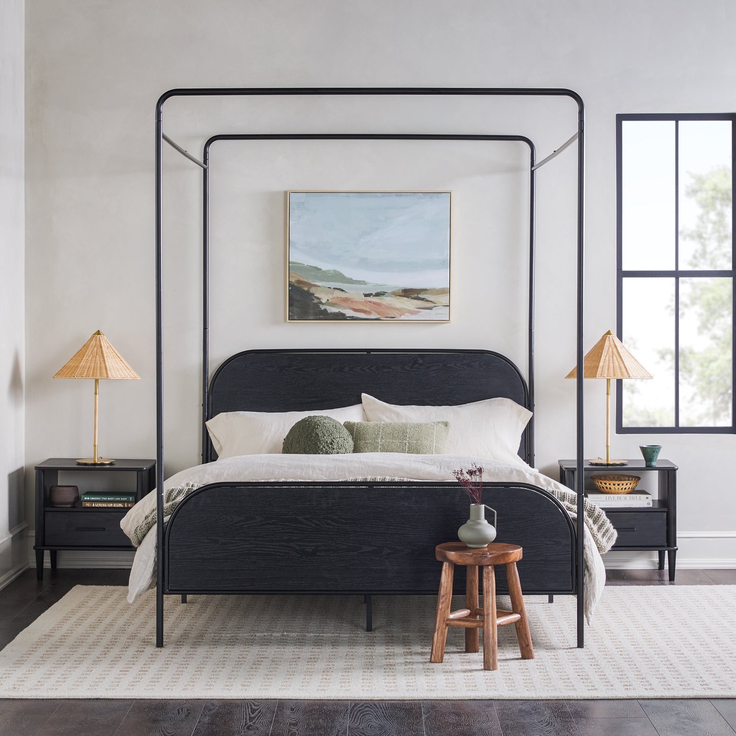 Metro Modern Metal and Wood Canopy Queen Bedframe