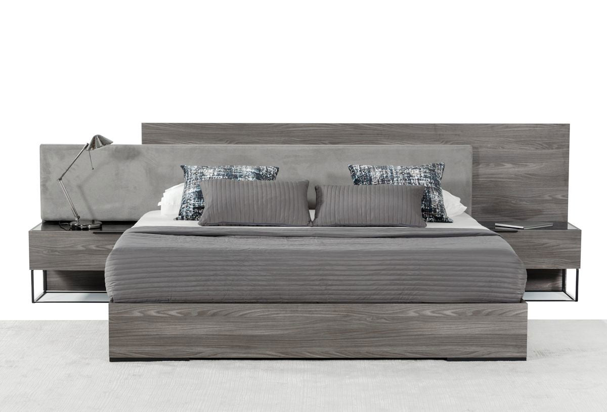 California King Nova Domus Enzo Italian Modern Grey Oak & Fabric Bed w/ Nightstands - Mac & Mabel