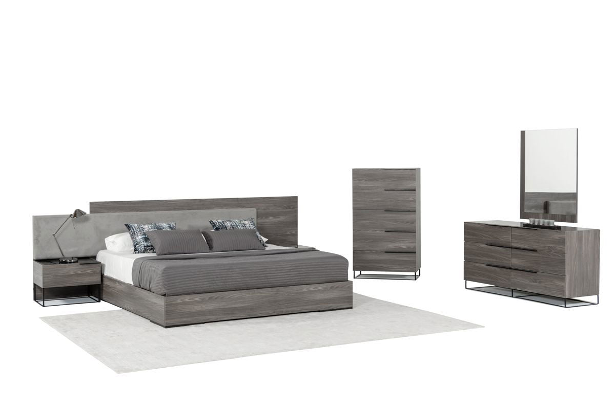 California King Nova Domus Enzo Italian Modern Grey Oak & Fabric Bed w/ Nightstands - Mac & Mabel